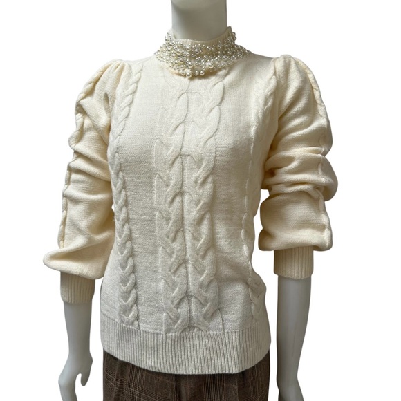 Ruty France Cable Knit Cowl neck Pearls Beaded Cream Sweater Puffed Sleeve Sz M - Picture 1 of 13